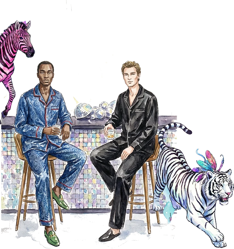 Guests lounging in satin sleepwear with a white tiger