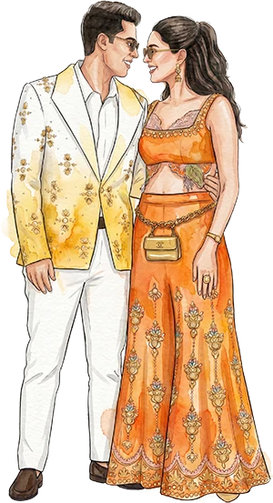 Couple in white and orange carnival-festive outfits
