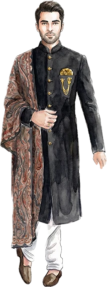 Man in a black sherwani at the sangeet