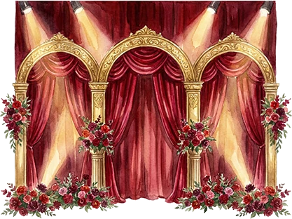 Red theatre stage with curtains for the sangeet