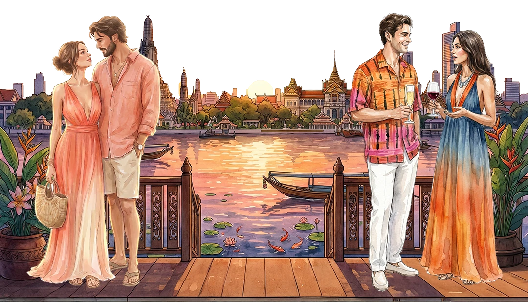 Guests at golden hour on a Bangkok riverside terrace