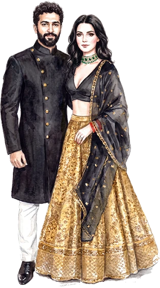 Bride and groom in black and gold beneath the beach mandap