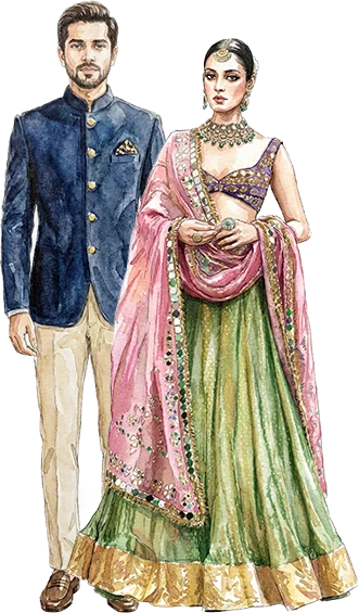 Couple in blue and green wedding attire
